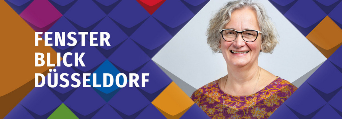 Iris Colsmann vom KSL.Düsseldorf auf bunten Kacheln im Fensterblick Düsseldorf