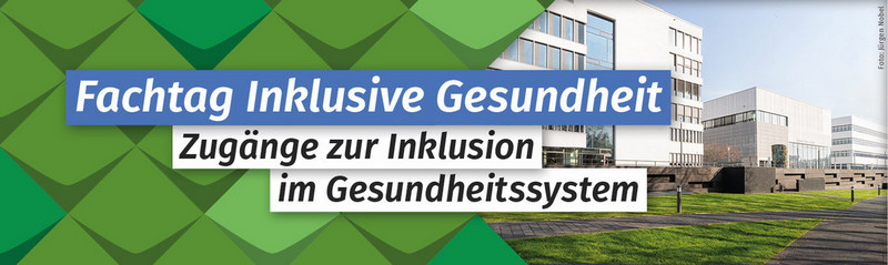Grüne KSL Kacheln. Auf der Rechten Seite ein Bild der Hochschule für Gesundheit in Bochum. 