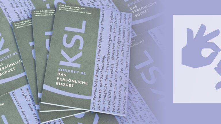 Mehrer Ausgaben der Broschüre KLS-Konkret #1 sind zu sehen und das Symbol für Gebärdensprache